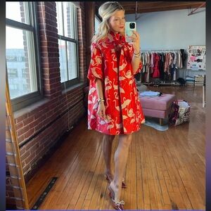Buru Womens Red Flamingo Print Car Coat Size Extra Small/Small w/ Pink & Gold